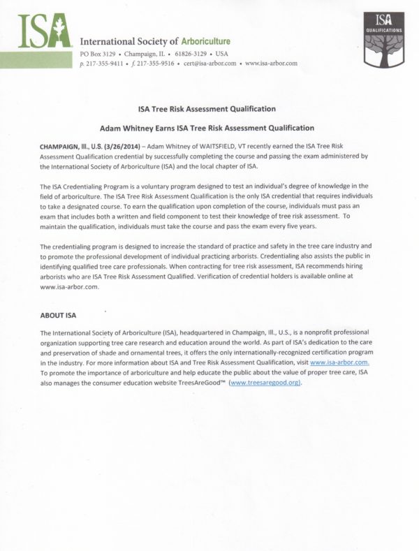 Tree Risk Assessment Qualified! Whitney Tree Service